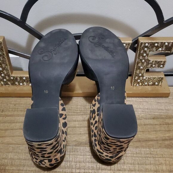 Antropologie Seychelles Shabby Chic Black Leopard Suede/Leather Block Heel Sz 10 - Picture 11 of 11